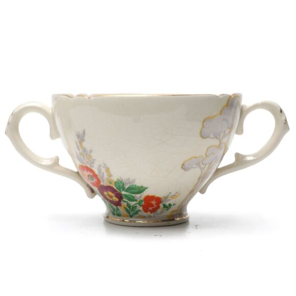 Vintage Royal Cauldon Floral Footed Bullion Cups Double Handles Cream Red Gold - Picture 2 of 7